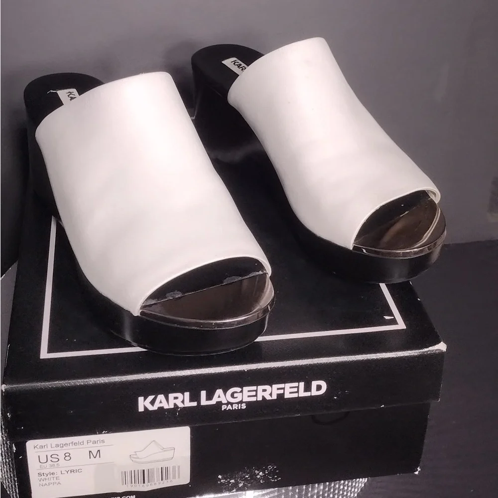 Karl Lagerfeld White Open-Toe Mules size 8 pre owned Exellent condition w box